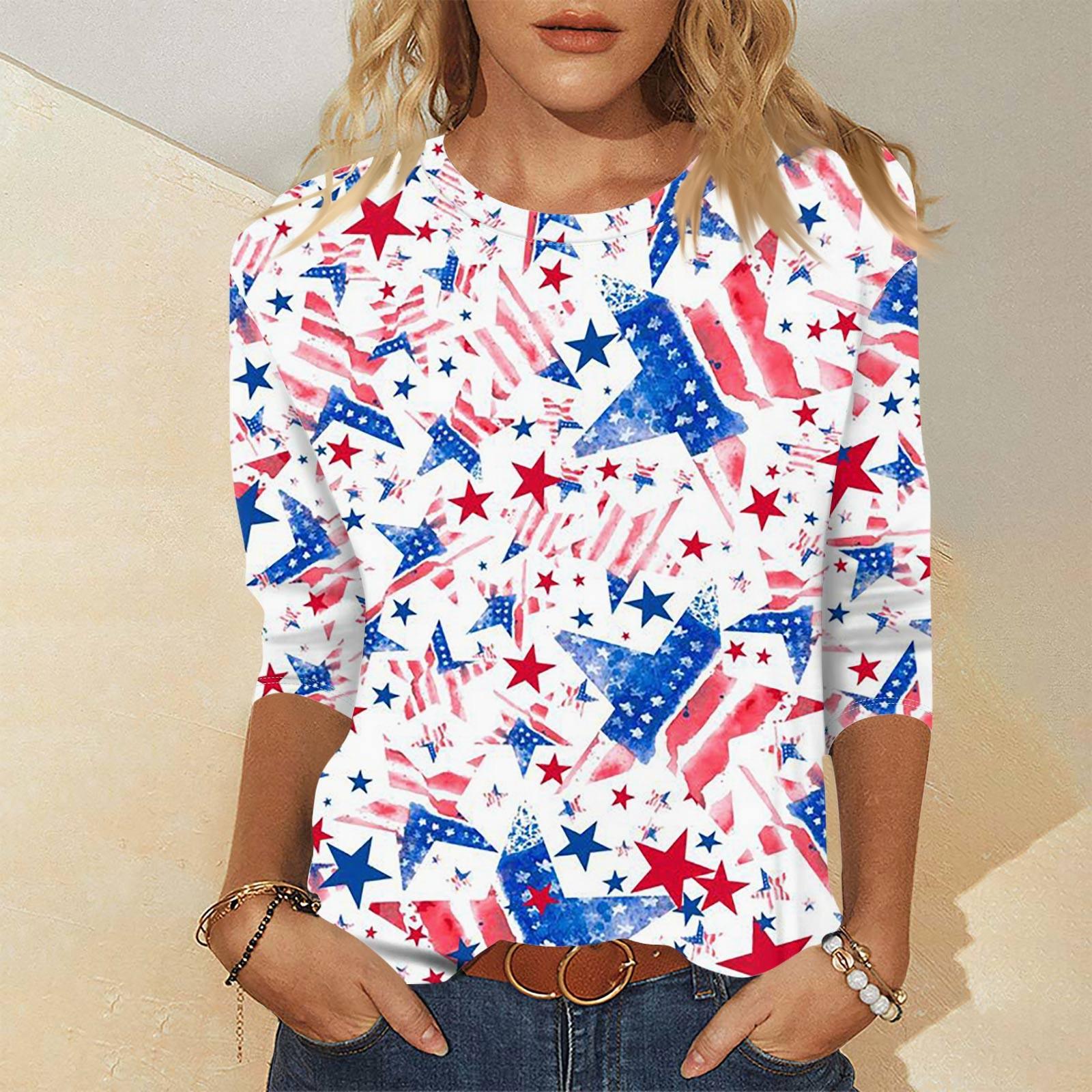 

Женская рубашка с рукавами 3/4, праздничный топ, футболка с узором для независимого дня, повседневный базовый топ, пуловер M