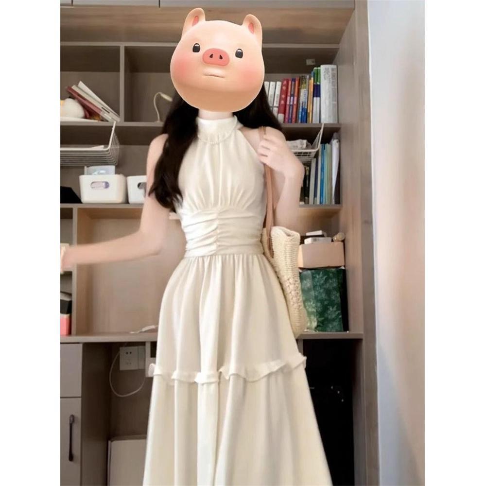 French new high-end neck dress women's summer design sleeveless pleated waist thin temperament long dress