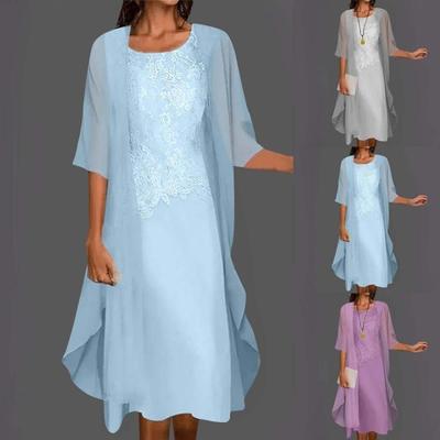 Fashion Elegant Women Two Piece Sleeveless Round Neck Chiffon Lace Patchwork Solid Color Dress