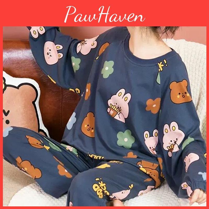 1set Sleeve Size Long Large Loose Printed Ladies Autumn Polyester Pajamas Pullover Homewear