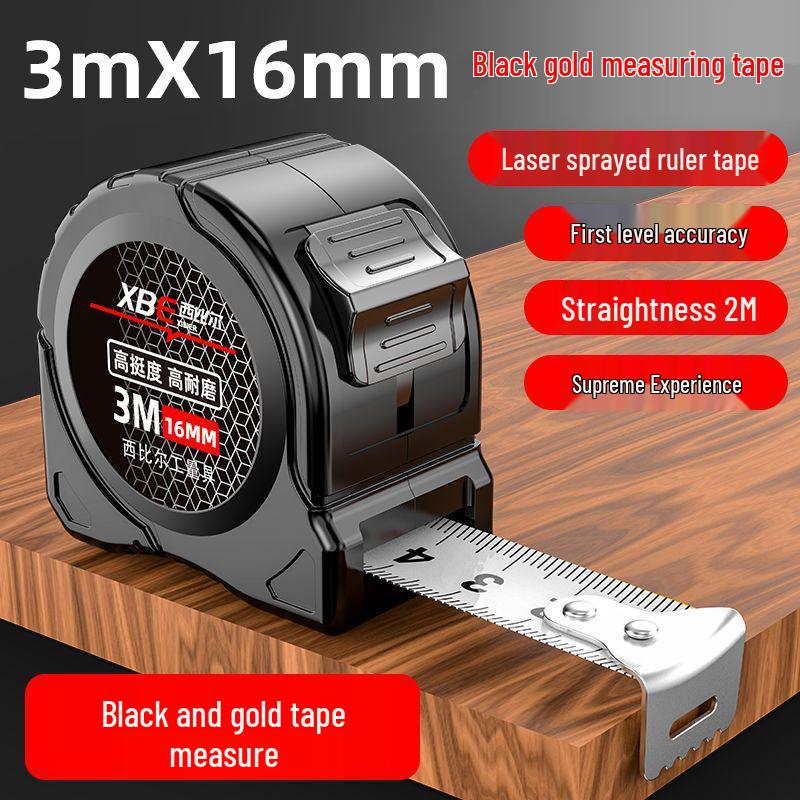 High-Precision Self-Locking Fluorescent Steel Tape Measure, 5m, Wear-Resistant Laser-Marked Black Gold Box.