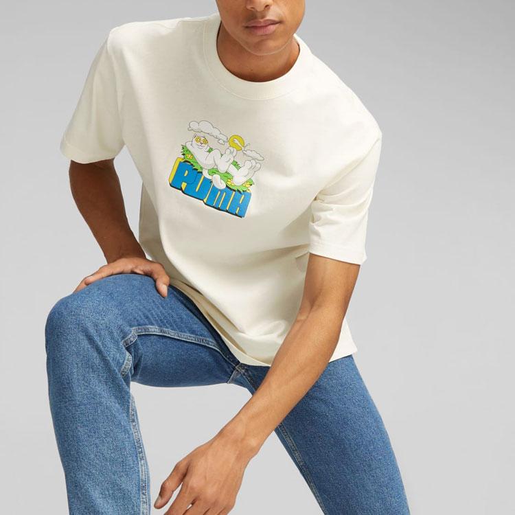 Puma X Ripndip Colaborare Model Pisică Logo Imprimat Drept Lejer Gât Rotund Litere Confortabil American Vintage Mânecă Umeri Tricou 622196-65