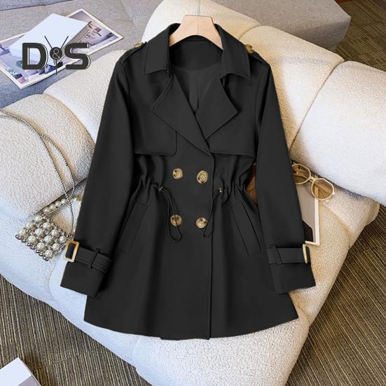 Winter Women Jacket Long Sleeves Elastic Drawstring Waist Pockets Windbreaker Double-breasted Coat Mid Length Windproof Warm Coat