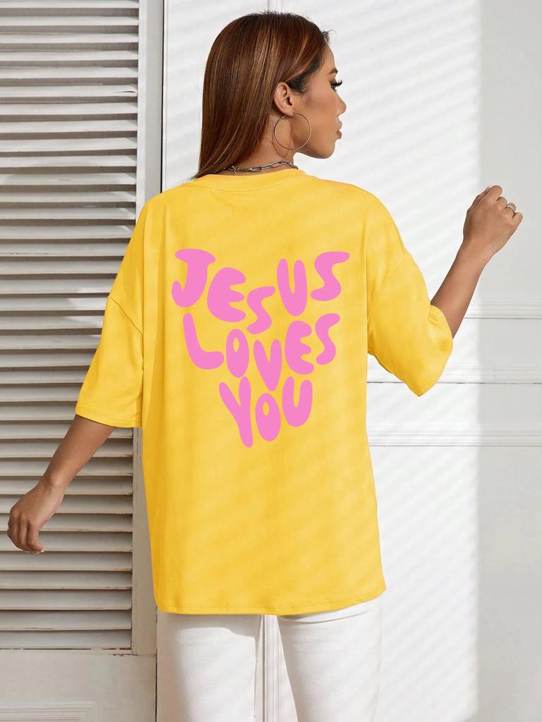 Jesus liebt mich Briefdrucke Damen Baumwoll-T-Shirts Mode O-Ausschnitt Oversize-Oberteile Lässig Locker Weich Kurzarm Damenbekleidung