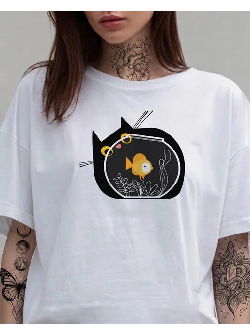 Plus-size T-shirt with a cat print for summer XL