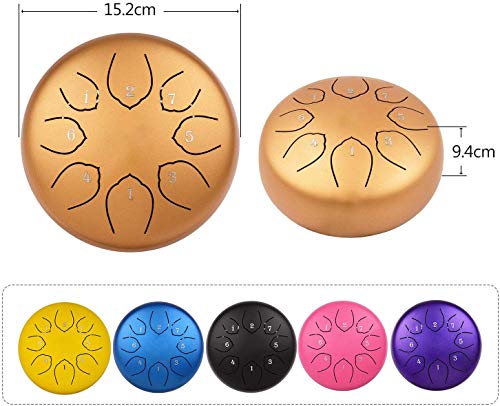 Musfunny 6-inch 8-Note Steel Tongue Drum with Musical Instrument, Percussion, Music Sheet Music, Mallets, and Storage Bag - Steel Drum for Music Educa