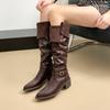 Winter Vintage Pointed Toe Woman Knight High Boots Fashion Belt Buckle Thick Heel Shoes Ladies Street Style Western Long Botas
