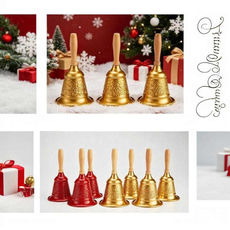 Christmas Iron Hand Bell Red Gold Embossed Pattern Wooden Handle for Holiday Gift Giving Restaurant Call Bell