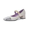 Fashion Women's new cowhide color blocked metal accessory pearl belt buckle square toe mid heel plus size Mary Jane single shoe