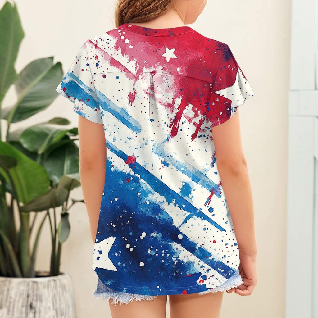 Summer Children's Casual Fashion Short-Sleeved V-Neck Independence Day Girls' Top