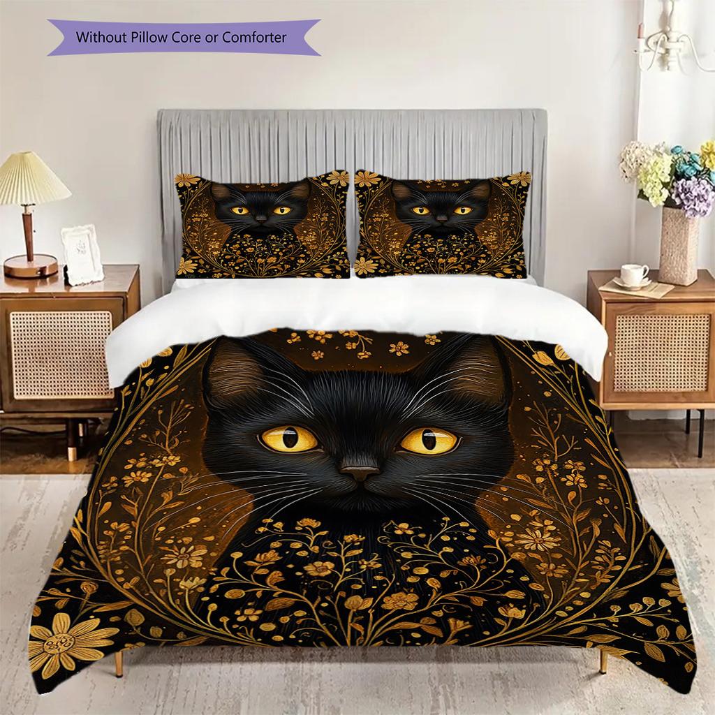 Black Cat Pattern Bedding Quilt Set Quilt Cover Pillowcase Home Decoration Birthday Gift (1 * Duvet Cover + 2 * Pillowcase, Without Core)