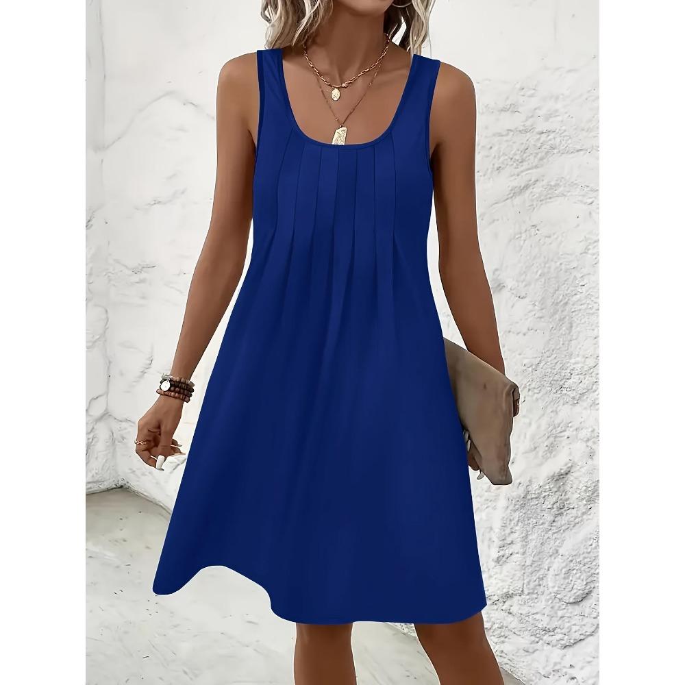 Women's U Neck Sleeveless A Line Mini Dress Solid Color Front Pleated Casual Tank Sundress