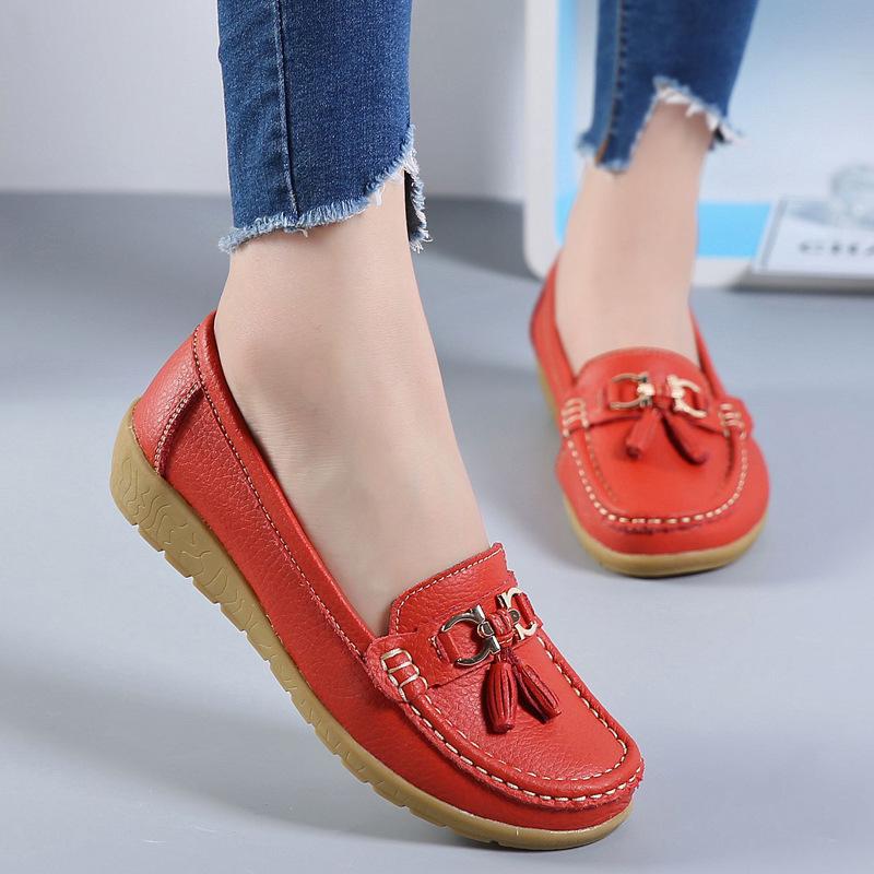Autumn mother shoes single shoes women's flat bottom women's Doudou shoes genuine leather flat heel soft sole leather shoes large size women's shoes