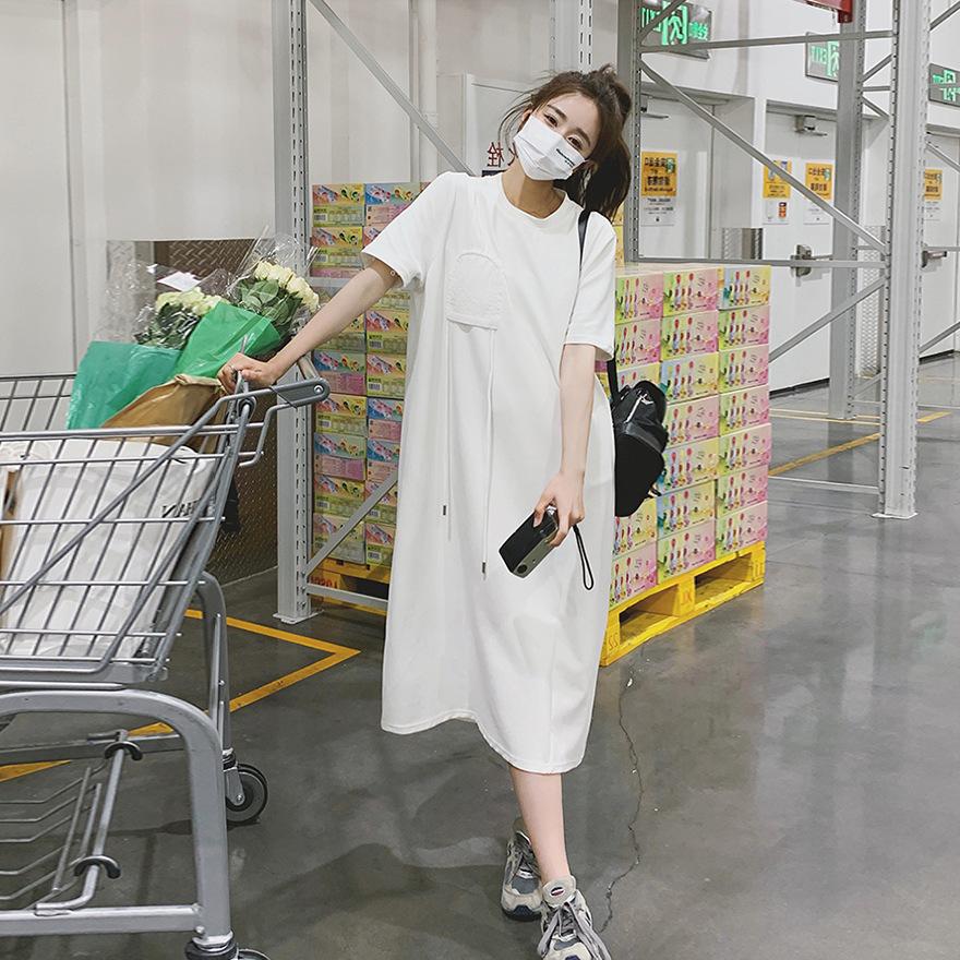 

Повседневное белое платье-футболка женское летнее новое ленивый стиль нишевый дизайн чувство свободная прямая юбка XL белый