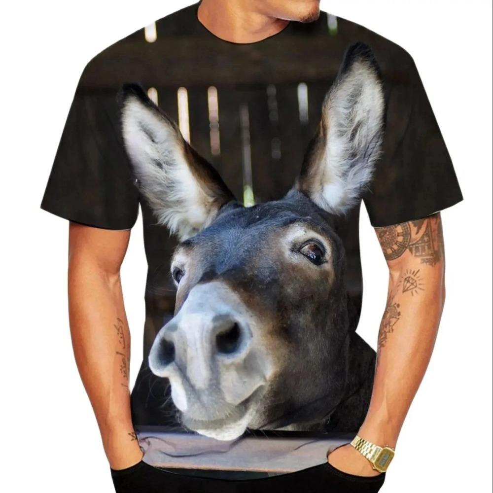 Summer 3D Fun New Animal Donkey Pattern Men's Printed T-shirt Fun Harajuku Round Neck Loose Short Sleeve Clothing Top
