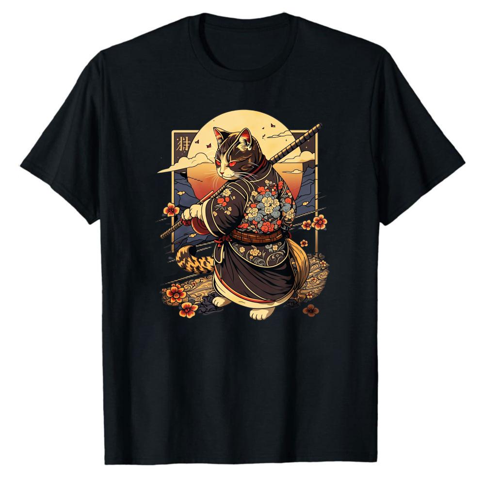 Samurai Katze ADHS Arbeit Ordentlich T-Shirt Lustiges Japanisches Stil Grafik T-Shirt für Unisex Kurzarm Lässiges Oberteil Einzigartiges Parodie Geschenk Präsent