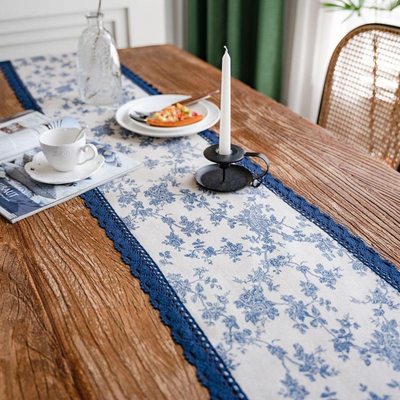 Table Runner Printing Garden Navy Blue Rose Flowers Table Tea Flag Dinner Flag Long Strip Holiday Party Table Decoration