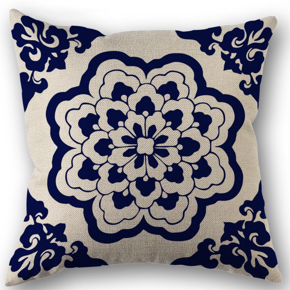 Rich Floral Pillow Covers Navy Blue White Chinoiserie Durable Bohemian Decor For Living Room, Bedroom Cushion Cases