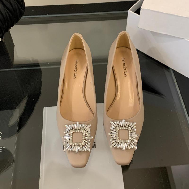 French Thick Heel High-end Rhinestone Shallow Mouth Single Shoes Women's Shoes 2025 New Square Head Temperament Celebrity High Heels Women