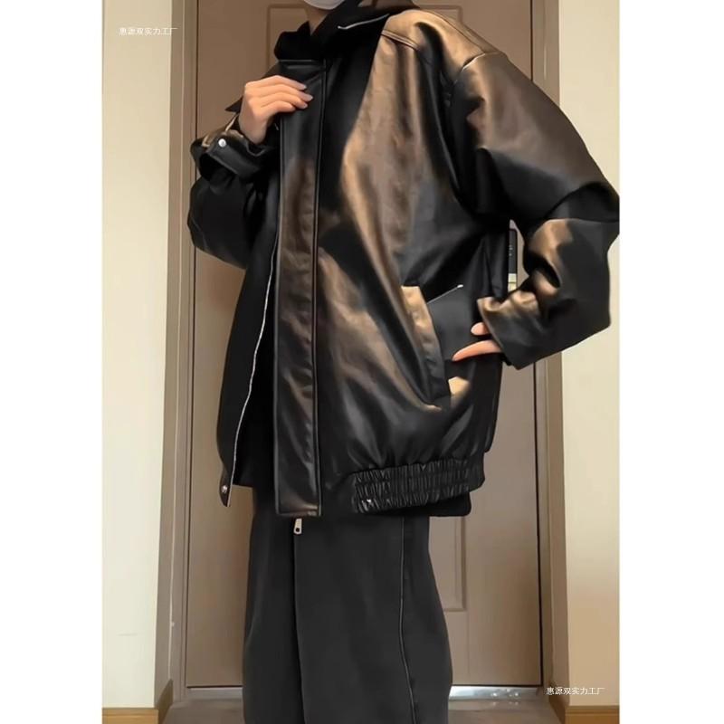 Mens Black PU Leather Jacket Loose Fit Biker Style Hooded Outerwear Casual Streetwear