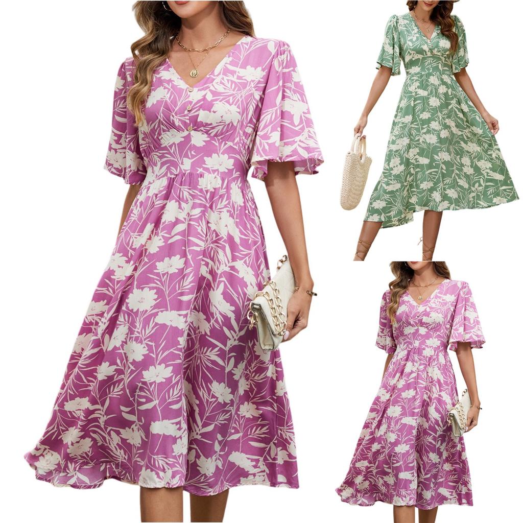 Women's Casual Printed V-Neck Short Sleeved Waist Dress Bohemian Beach Skirt Beach Skirt