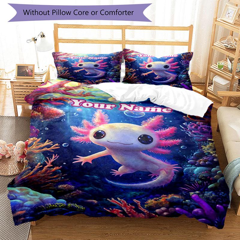 3PC Custom Name Underwater Axolotl Adventure Bedding Set Printed Bedding Set Duvet Cover Closure Includes 1 Duvet Cover & 2 Pillowcases for All Season