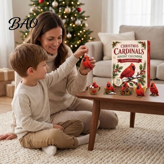 Holiday Countdown Decoration Red Bird Advent Calendar, 24-Day Christmas Set with Toy Ornaments, 2D Acrylic Tree Hanging Decor, Gift for Kids