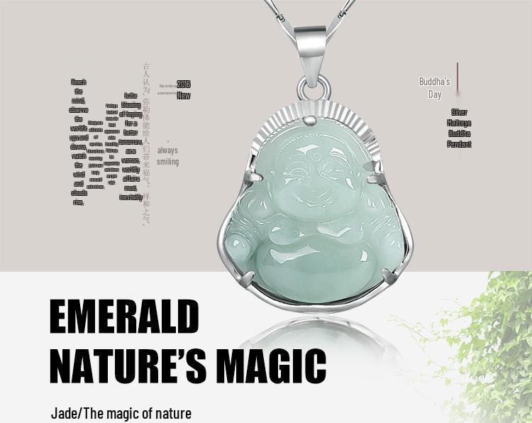 S925 Sterling Silver Jadeite Maitreya Buddha Pendant Necklace - Smiling Face Jade Buddha