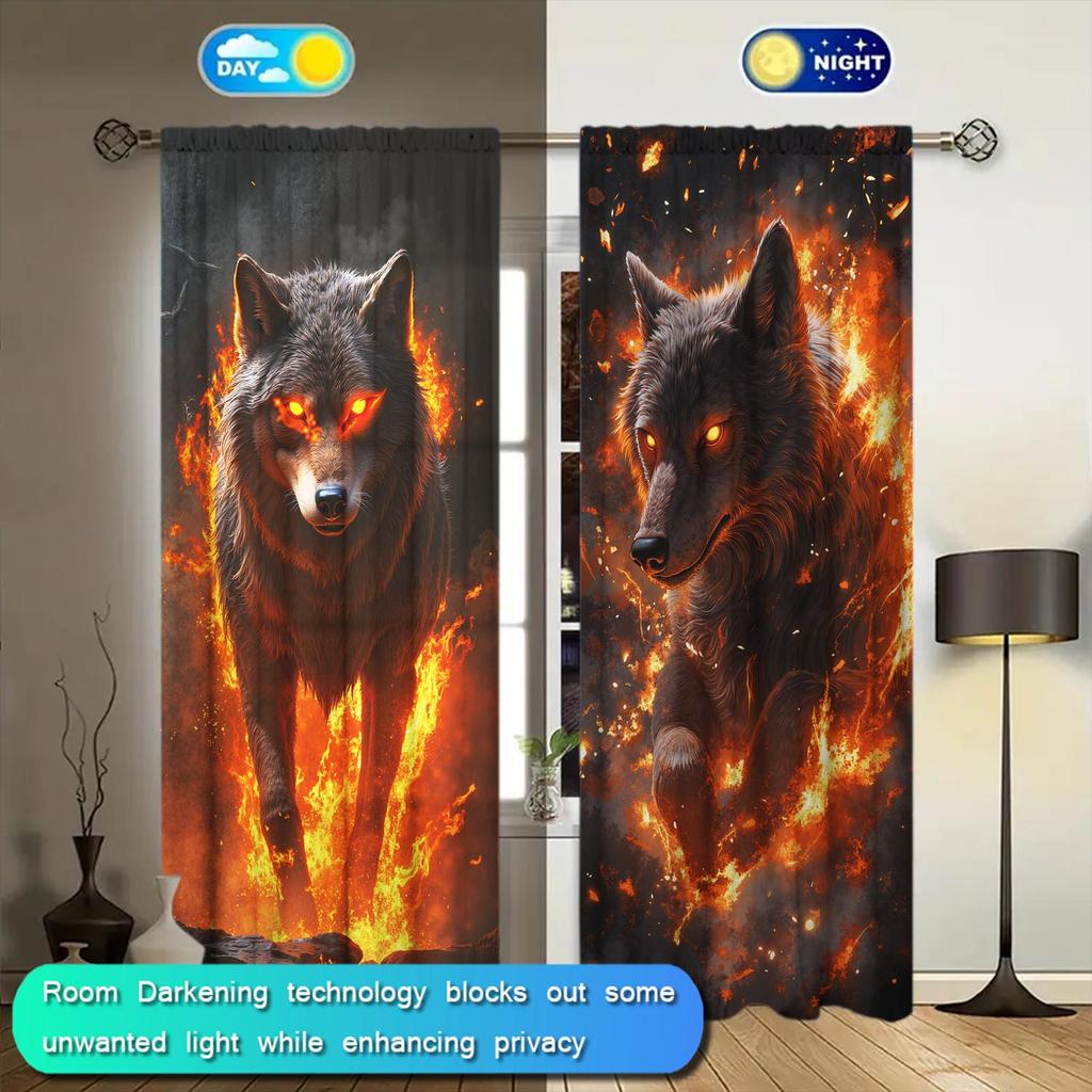 2pcs Flaming Wolf King Decorative Curtains   Suitable for Family and Friends   Sunshade and Privacy-protecting Pole-style