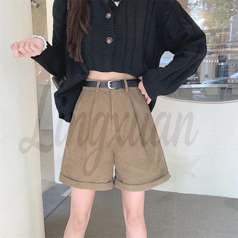 Corduroy Cuffed Straight Leg Shorts for Women - Autumn/Winter Loose Slimming Wide Leg Casual Pants L
