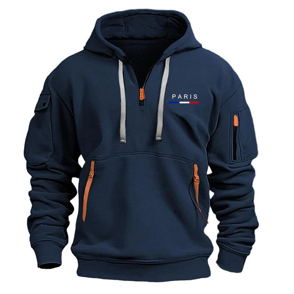 2025 Autumn/Winter New Men's Paris Letter Printing Casual Multi Zipper Arm Pocket Hoodie Pullover Large Hoodie Outdoor Sport Hoodie