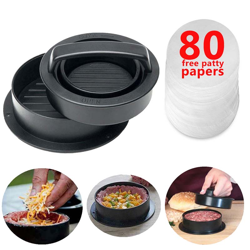 Hamburger Press Meat Pie Press Stuffed Burger Mold Maker with Baking Paper Liners Patty Pastry Tools BBQ Kitchen Accessories