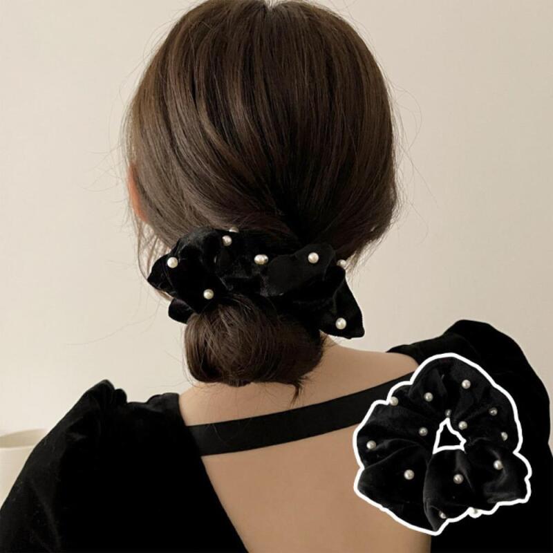 Жемчужная резинка для волос, бархатная резинка-скранчи, трехцветная лента, женственная black