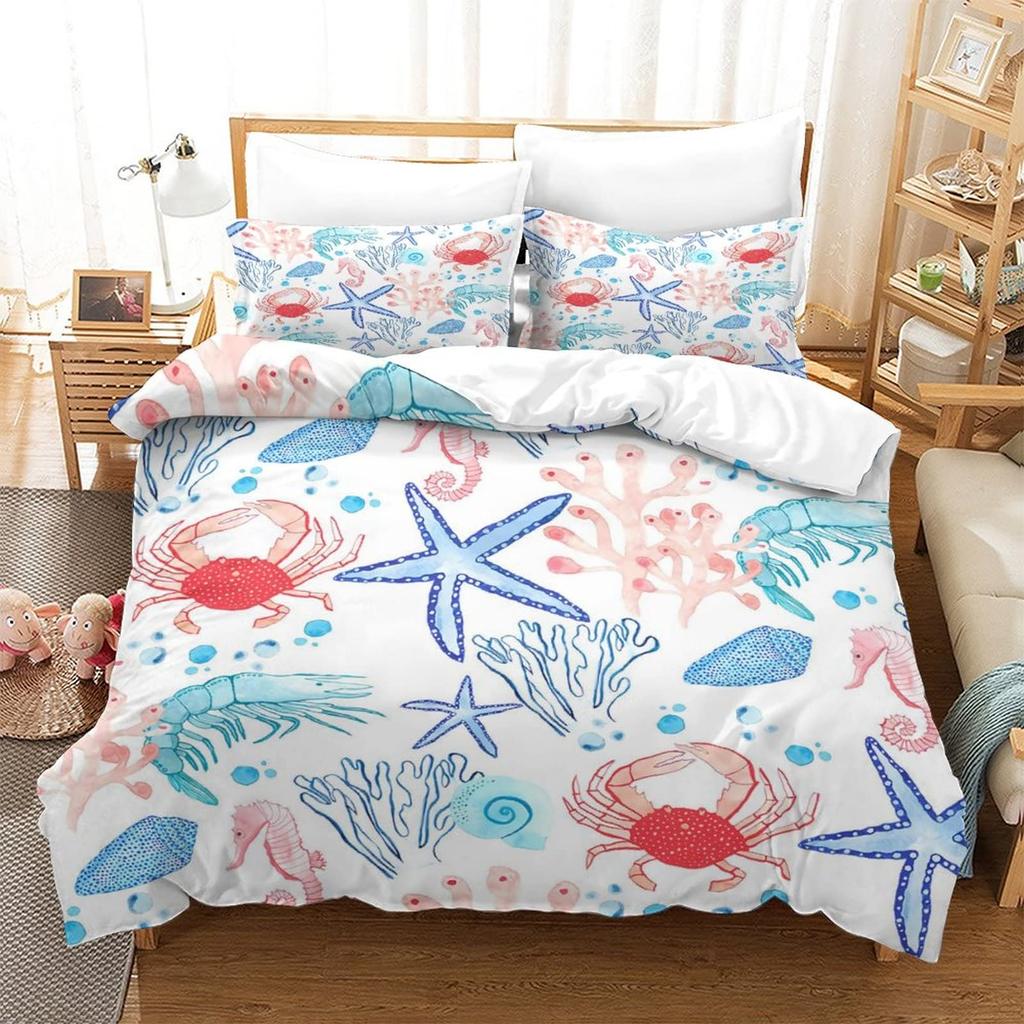 Coastal Duvet Cover Twin Queen,Beach Fish Coral Bedding Set,Sea Ocean Theme Comforter Cover For Kids Teens Nautical Quilt Cover