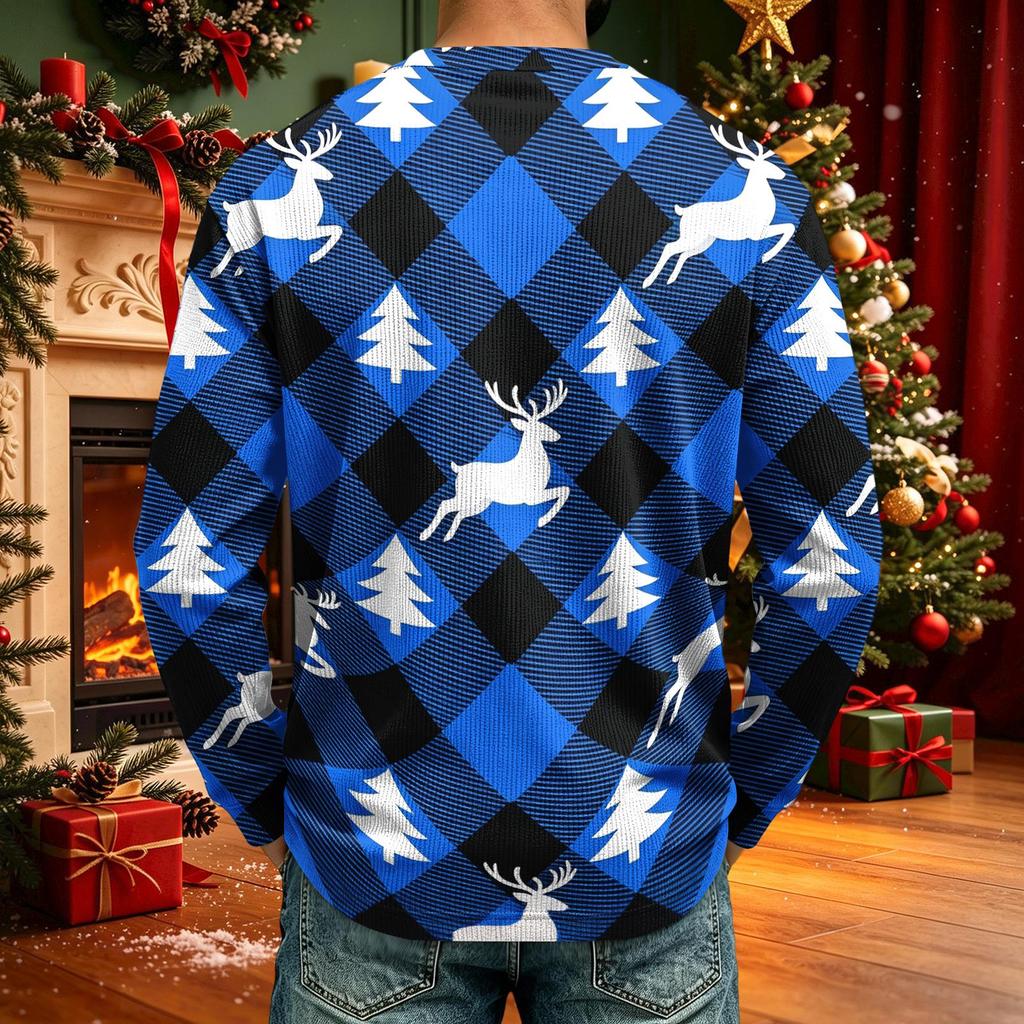 Men's Corduroy Long Sleeve Neck Shirt with Christmas Print Holiday Party Top