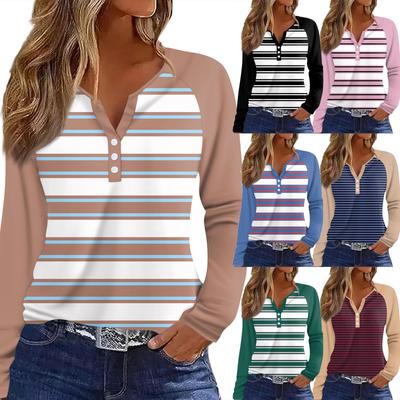 Tricou de damă cu imprimeu, cu nasturi, cu mânecă lungă, pentru zi de zi, modă de weekend, basic, cu gât în V, top regular
