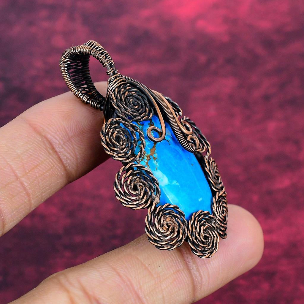 Tibetan Turquoise Gemstone Pendant Flower Pendant Copper Wire Wrapped Jewelry