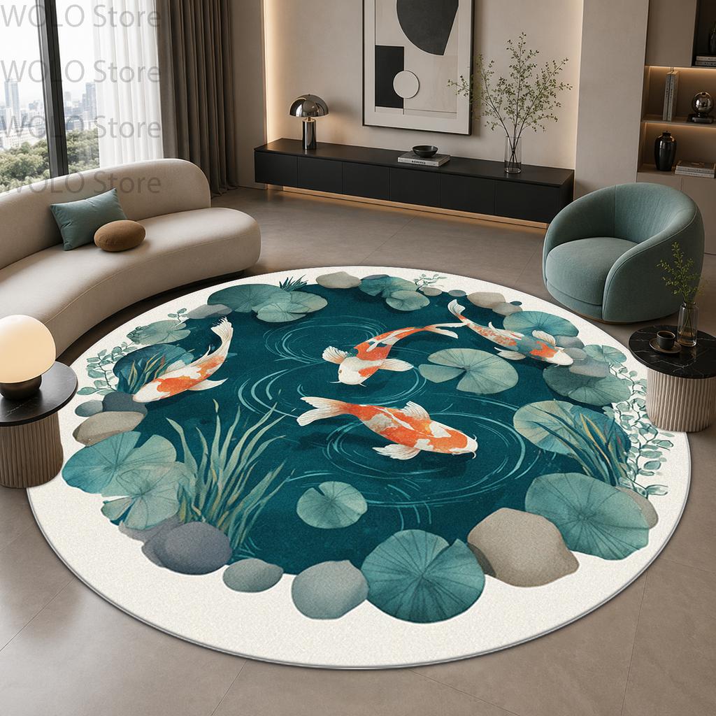 Koi Fish Pond 3D Pattern Living Room Round Rug Decoration Home Bedroom Study Non-slip Soft Chair Mat Bedside Washable Carpet