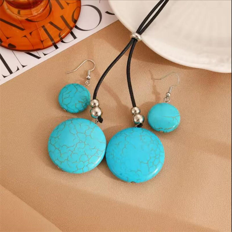 Women Fashion Stone Pendant Necklace Earrings Set Charming Love Round Shape Pendant Necklace