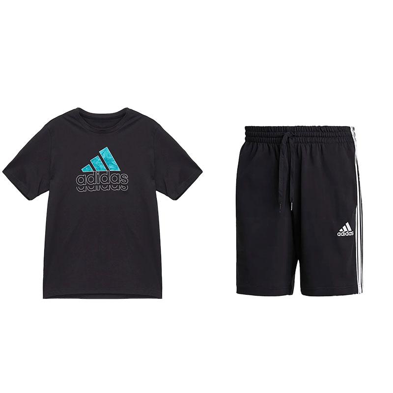 

Adidas Lightweight Classic Crew Neck Short Sleeve T-Shirt With Drawstring Side Stripe Shorts Simple Versatile Casual Sports Set Men sets JE3202+GK9988 XL
