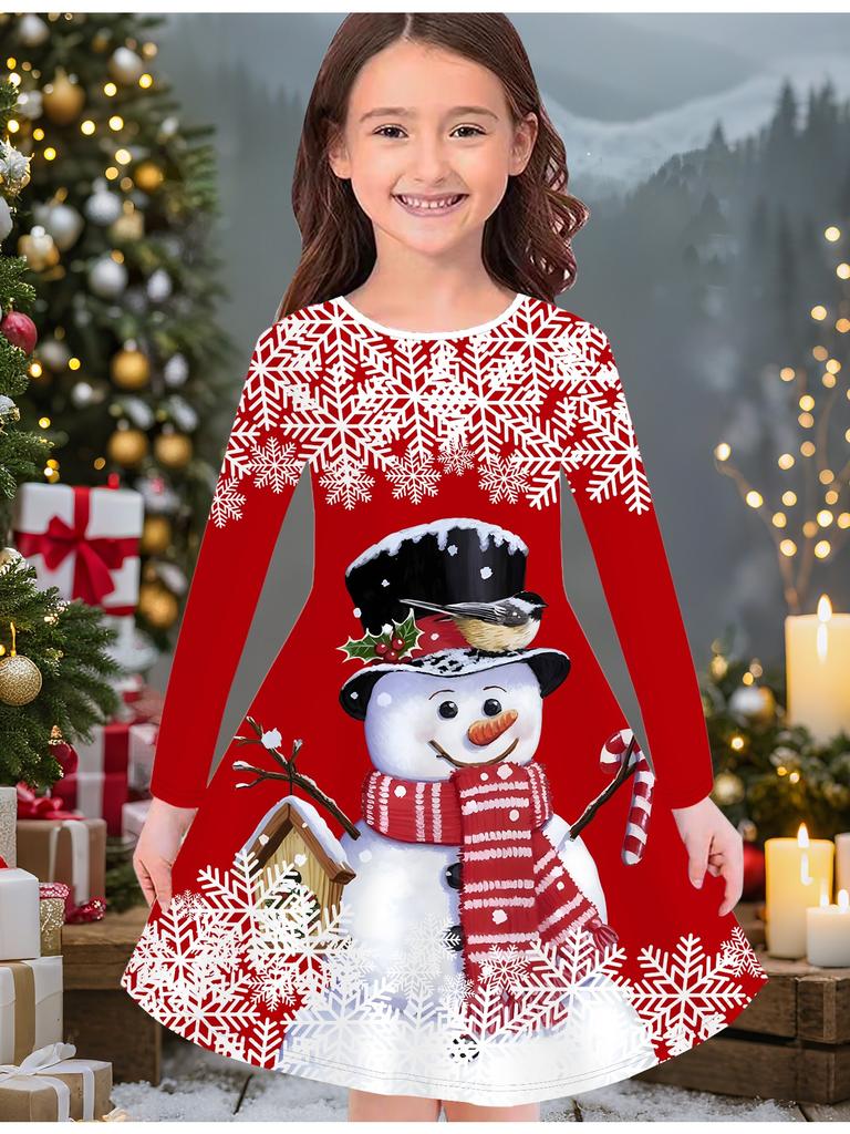 Mädchen Herbst- und Wintermodekleid, 3D Weihnachtsprint Rundhalsausschnitt Lang Kinder-T-Shirt-Kleid, Lässig Vielseitig, Weihnachtskleidung