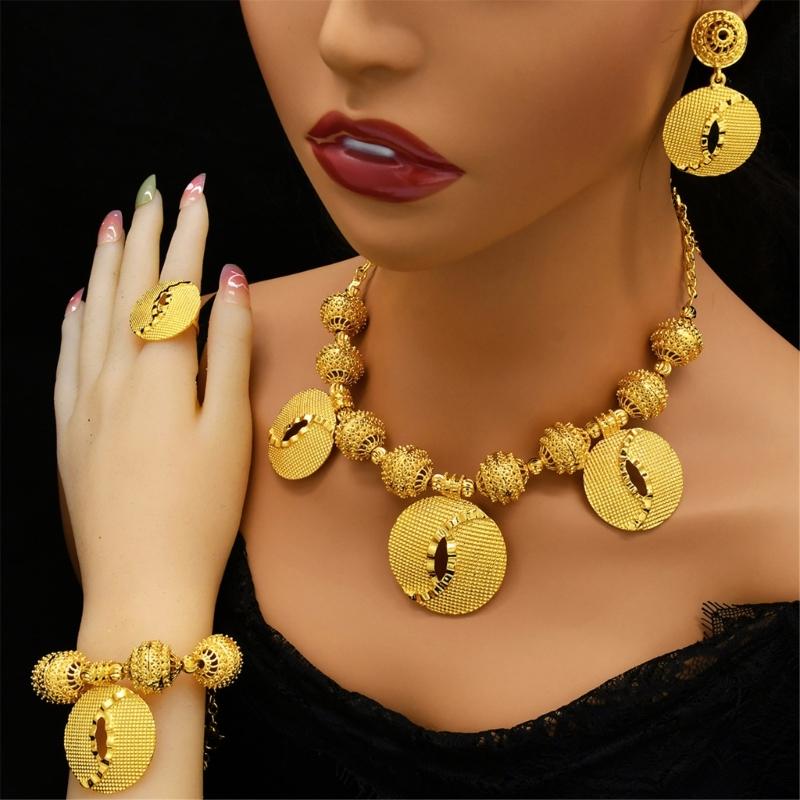 Gold Color Necklace Earring Wrist Chain and Rings Set For Bridal And Party Nigerian Weddings and Engagement Parties