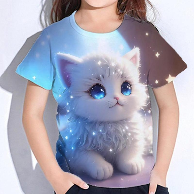 Kawaii Cartoon Animal Cat Kids Adult Printed T-shirt Summer Women's and Men's Casual Outdoor Girl and Boy Short Sleeve Tees Top