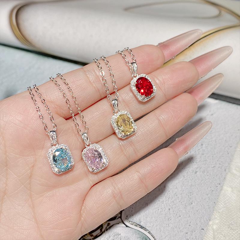 S925 Sterling Silver Aquamarine & Zircon Geometric Necklace for Women