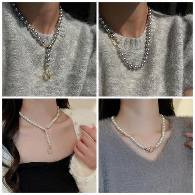 Imitation Grey Pearl Choker Necklace for Women Man Trend Hip Hop Jewelry Stainless Steel Necklace Fashion Street Accessories