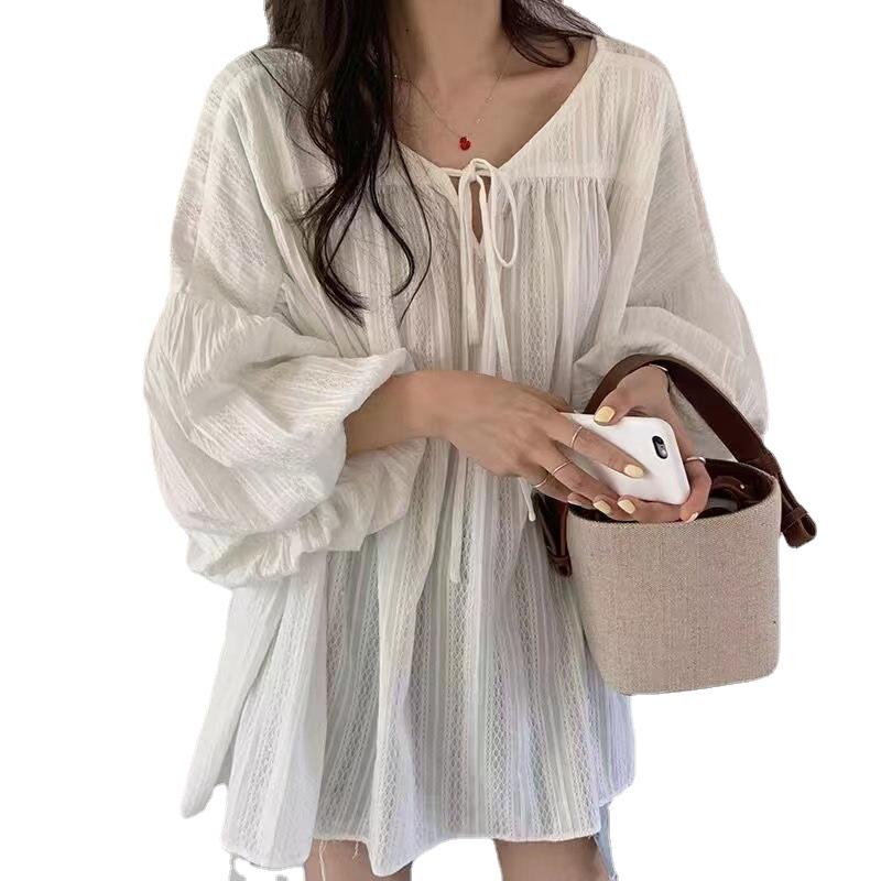 Dongdaemun Cotton Linen Lantern Sleeve Babydoll Shirt - Women's Mid-Length Top, 2025 Summer Design