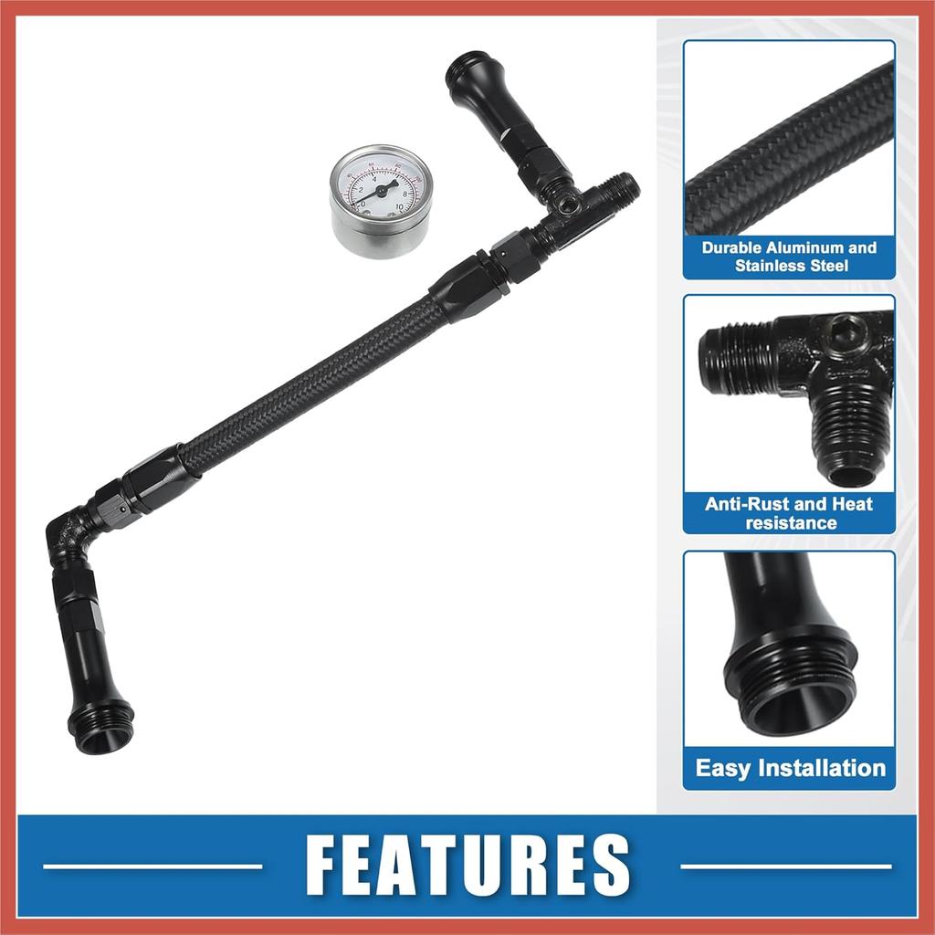 ACROPIX 4150 Geflochtener Kraftstoffschlauch mit Manometer AN6 Doppelzuführung Vergaser Kraftstoffleitung für 4150 Basierte Vergaser Aluminium Schwarz Autoteile