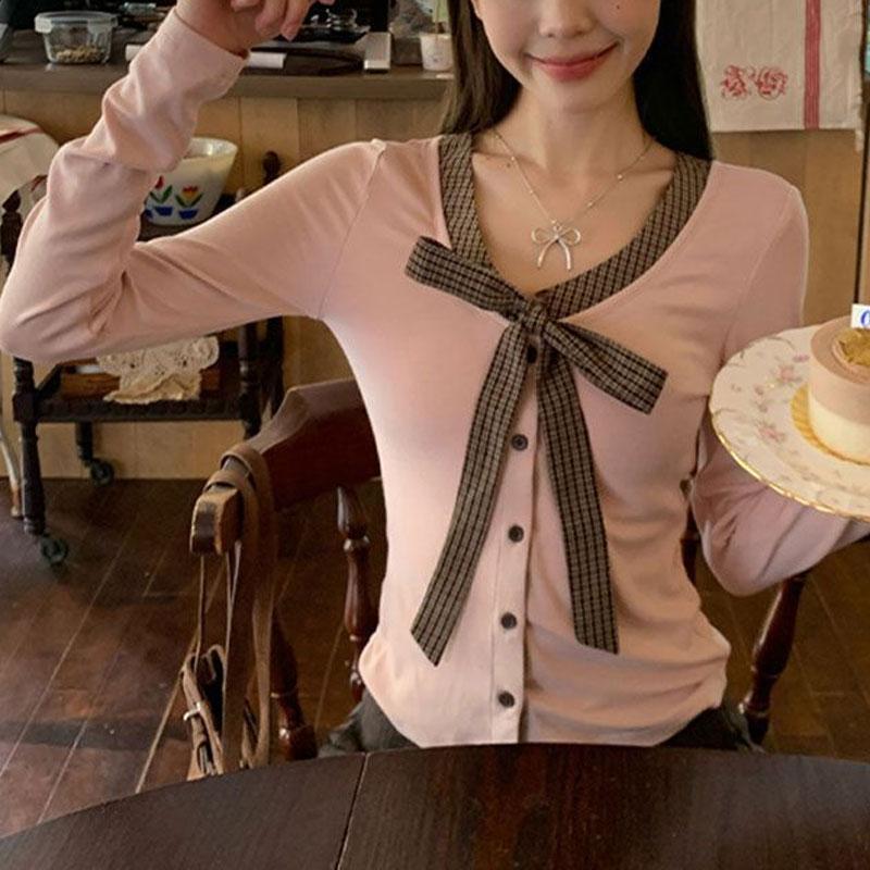 Women Pink Plaid Bow Tie V Neck Button Down Long Sleeve Cardigan Top S