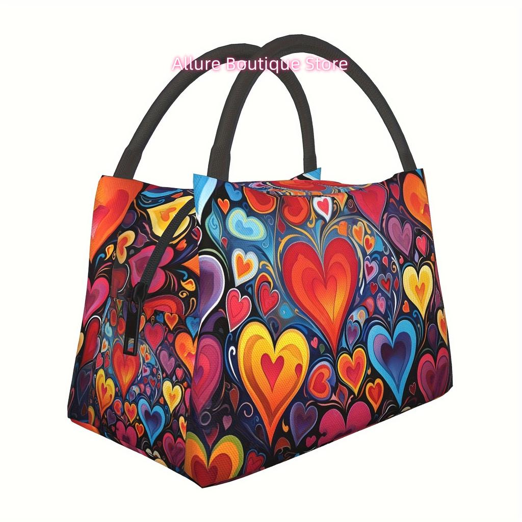 Insulated Lunch Bag for Men And Women, Reusable Large Lunch Handbag with Thermal Sealed Zip Closure, Multi-Color Heart-Shaped Po