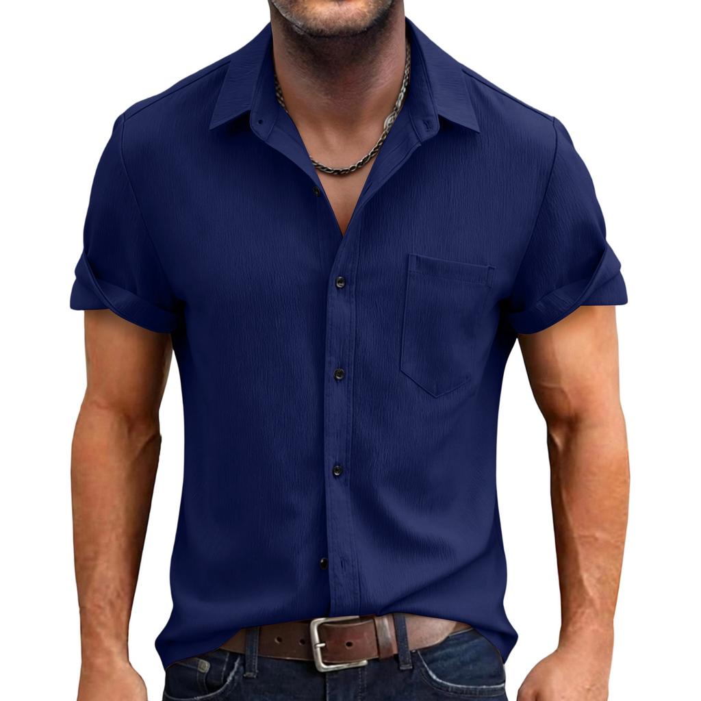 Herren Casual Einfarbige Baumwolle Leinen Kurzarm Hemd Button-Down Kragen Leicht Atmungsaktiv Urlaubs Sport Hemd für Herren